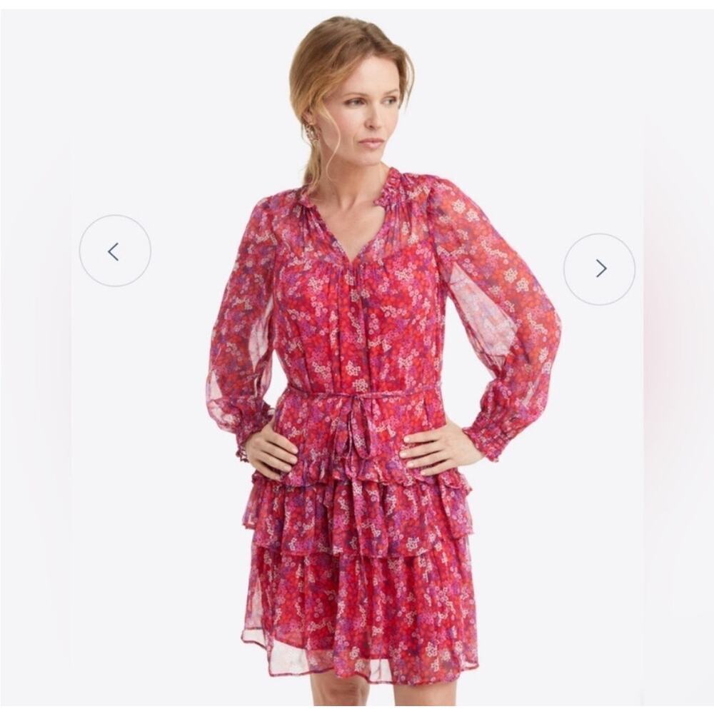 Draper James XL Ruffle Tiered Dress Red Crinkle Split Neck Tie Waist Long Sleeve